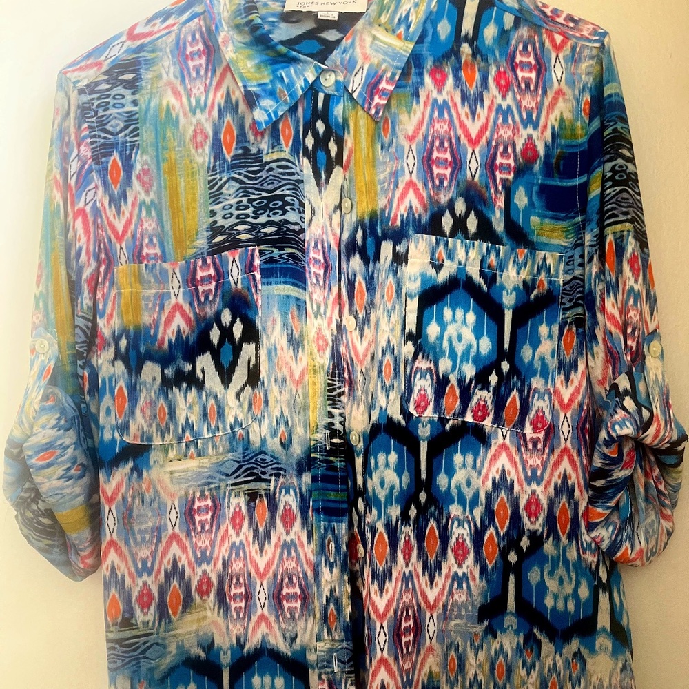 Jones New York Aztec Print Button Down Blouse with Tab Roll long Sleeves